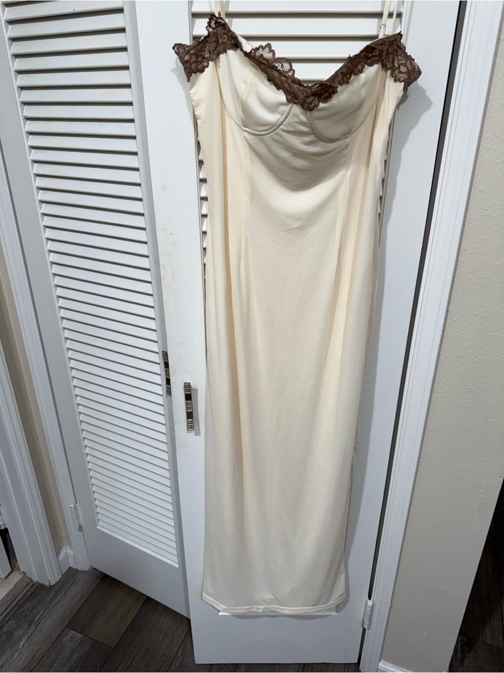 Fashion Nova Cream Maxi Slip Dress with Brown Lace Trim